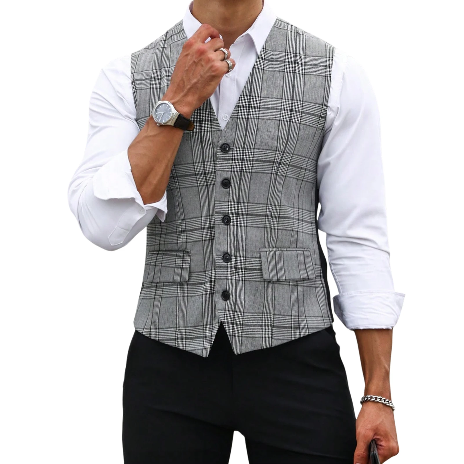 Formal Vest Waistcoat - Men Grey Plaid Suit Vest Slim
