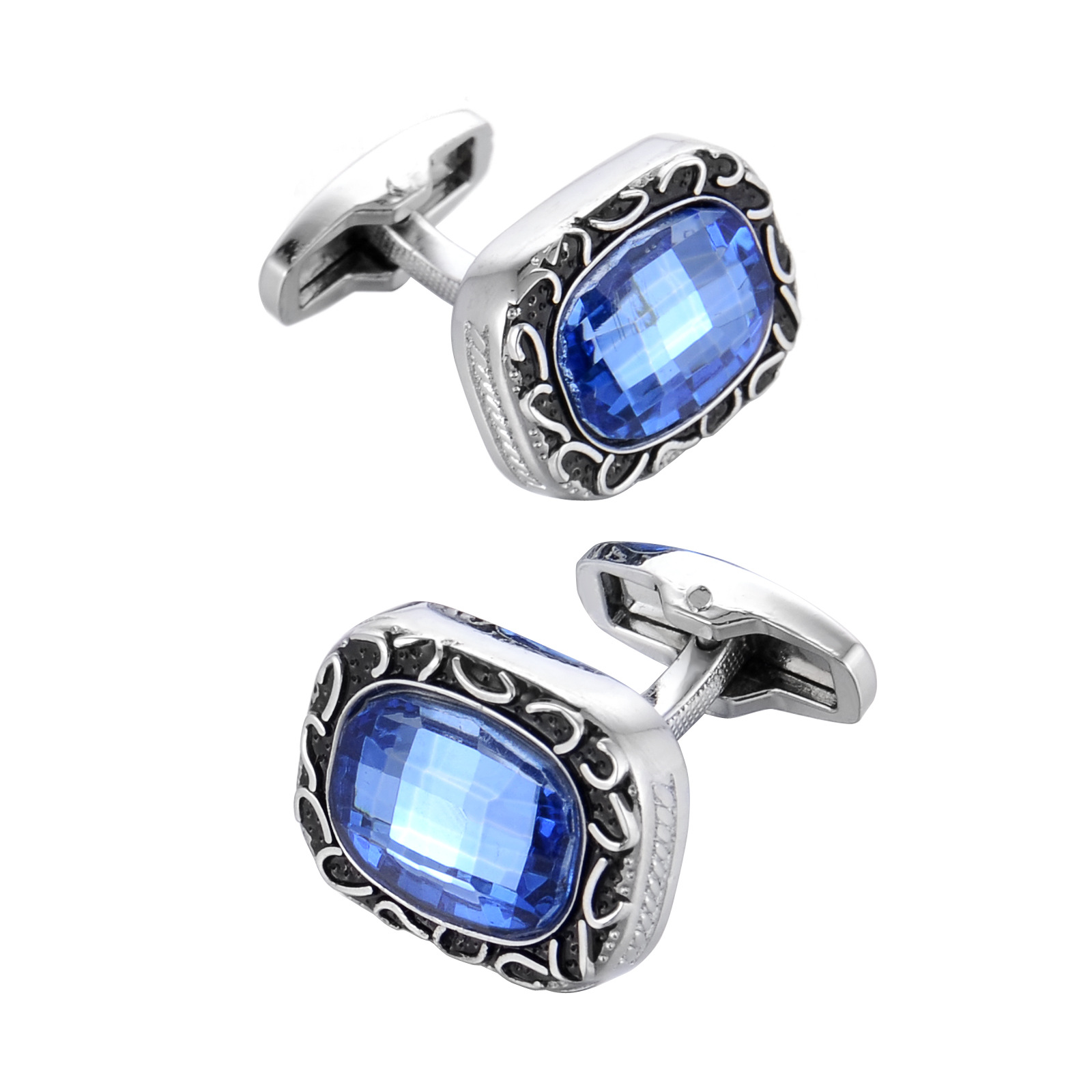Dress Shirt French Cuff - Vintage Pattern Blue Crystal Cufflinks for