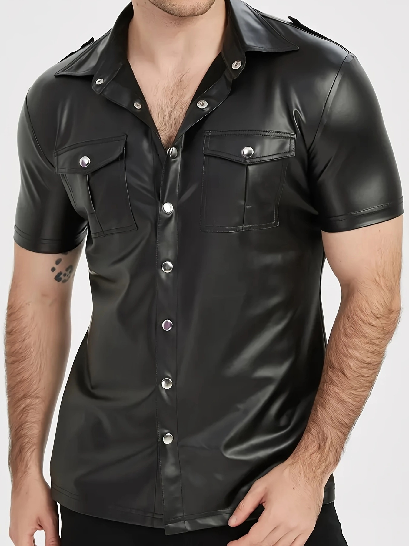 Men's PU leather short-sleeved - огляд і ціна Men Formal Party Wear Shirt