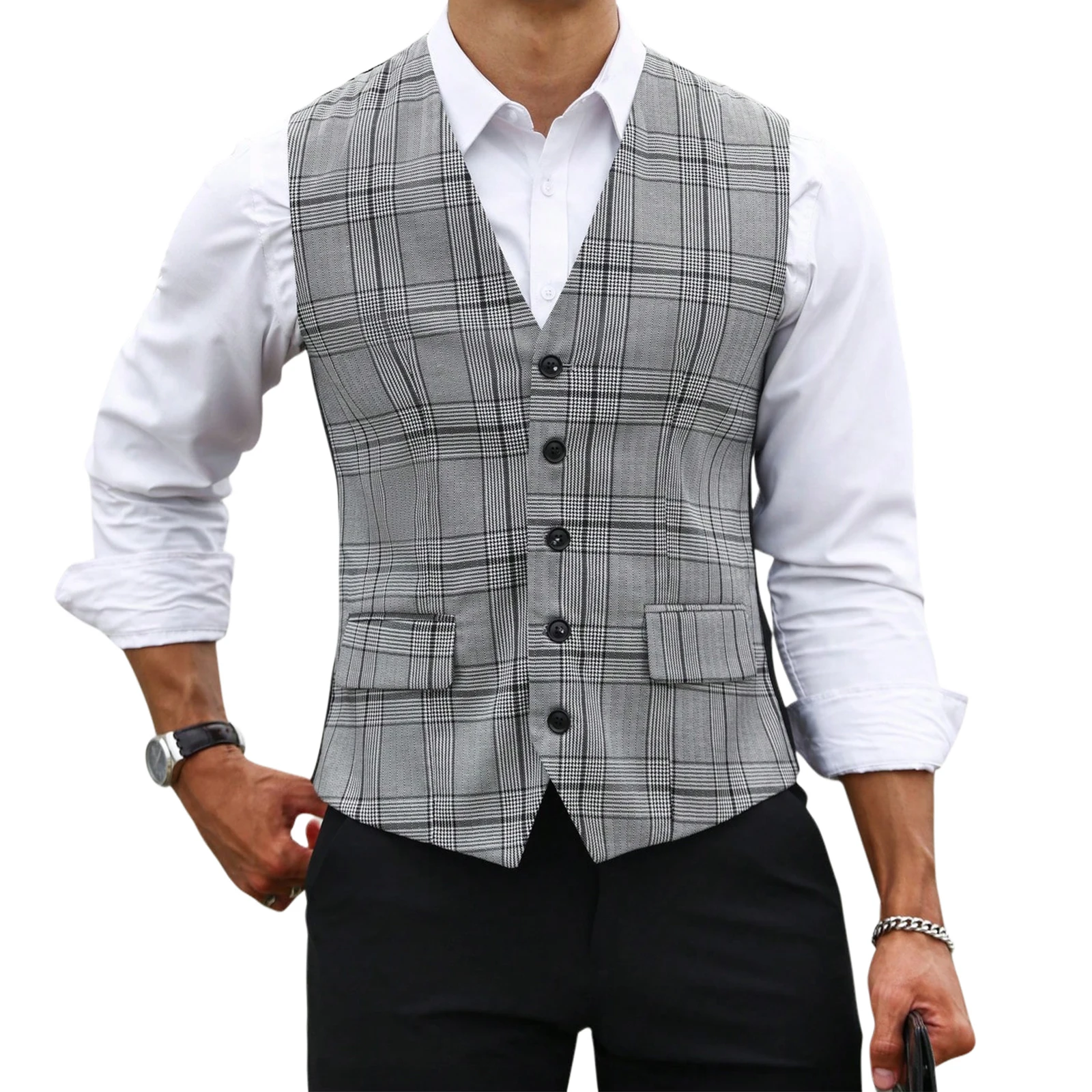 Men Grey Plaid Suit Vest Slim  - огляд і ціна Formal Vest Waistcoat