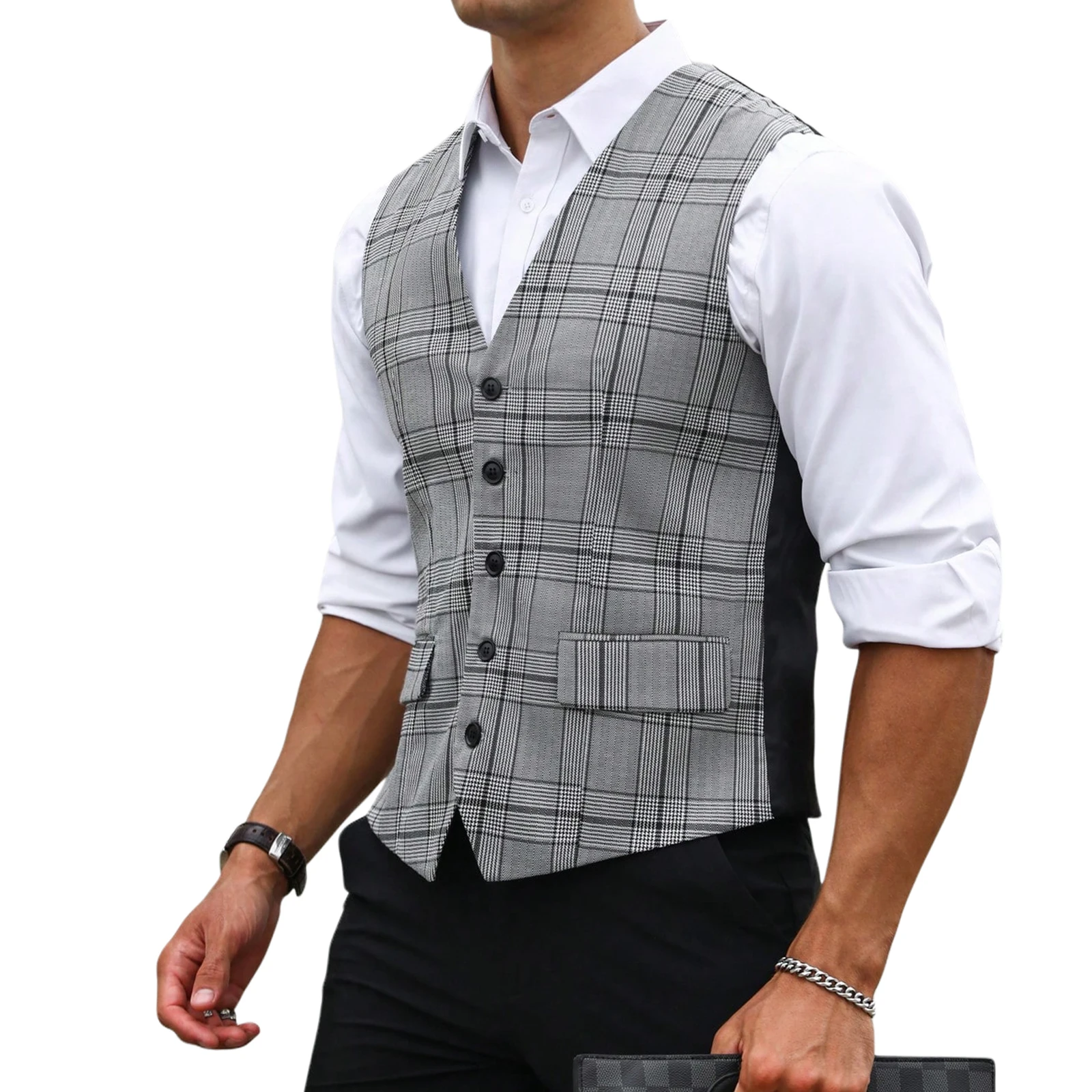 Men Grey Plaid Suit Vest Slim  - огляд і ціна Formal Vest Waistcoat
